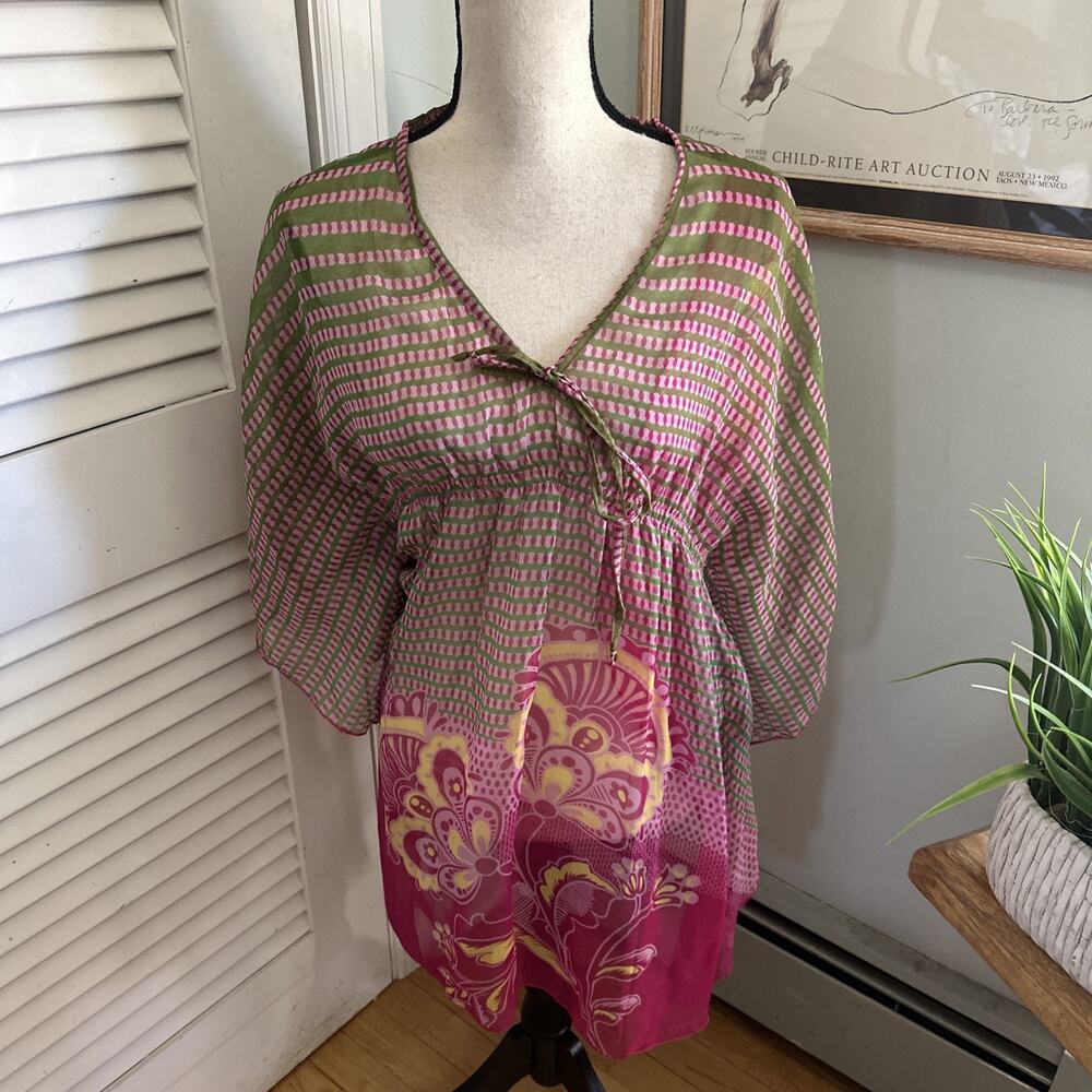 Paradise Cover Up Dress Womens Large Pink Green Sheer Mini Boho Fairy Beach Chic